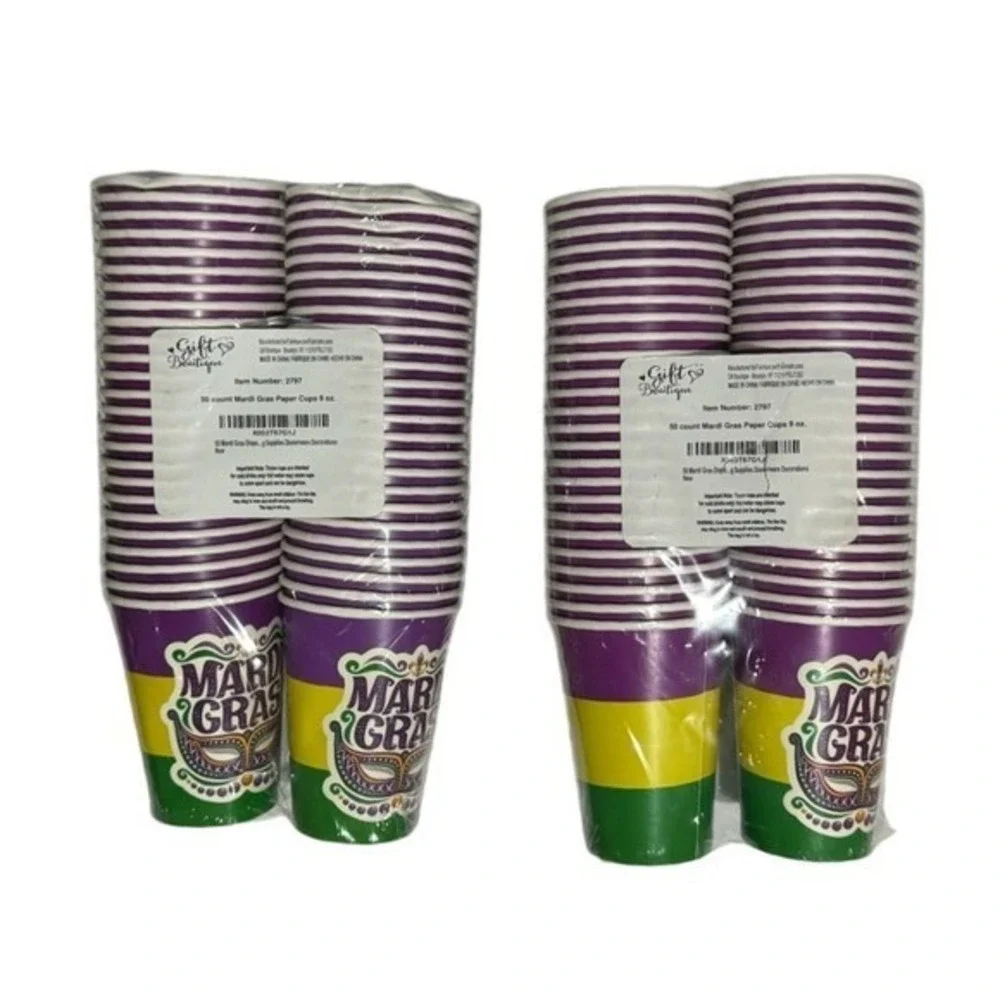 Mardi Gras Cups Paper 2 packs x 50 NIP New Orleans purple gold green Jazz Drinks